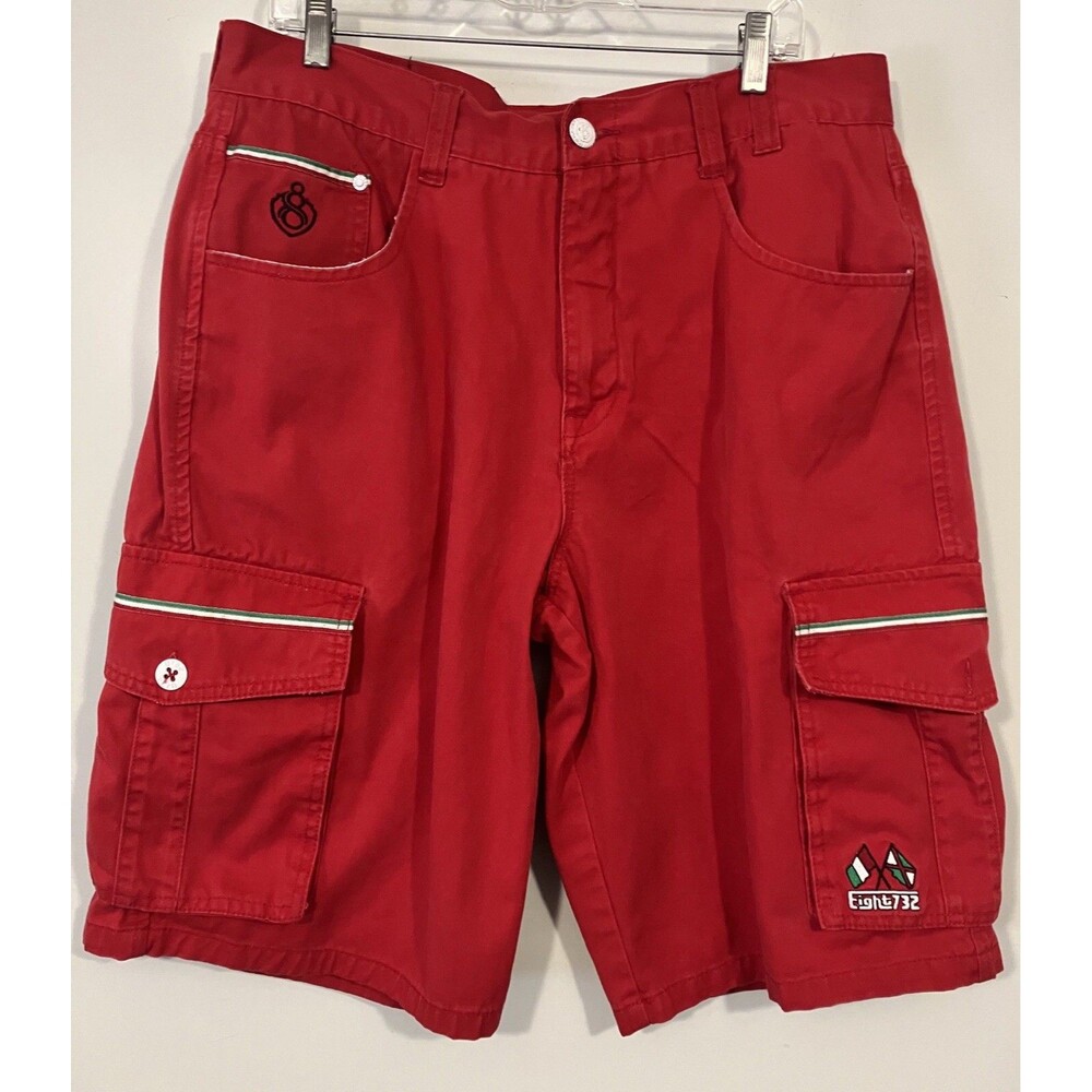 VTG Y2K Eight 732 Men’s Baggy Cargo Shorts Red Embroidered Skater Sz 36